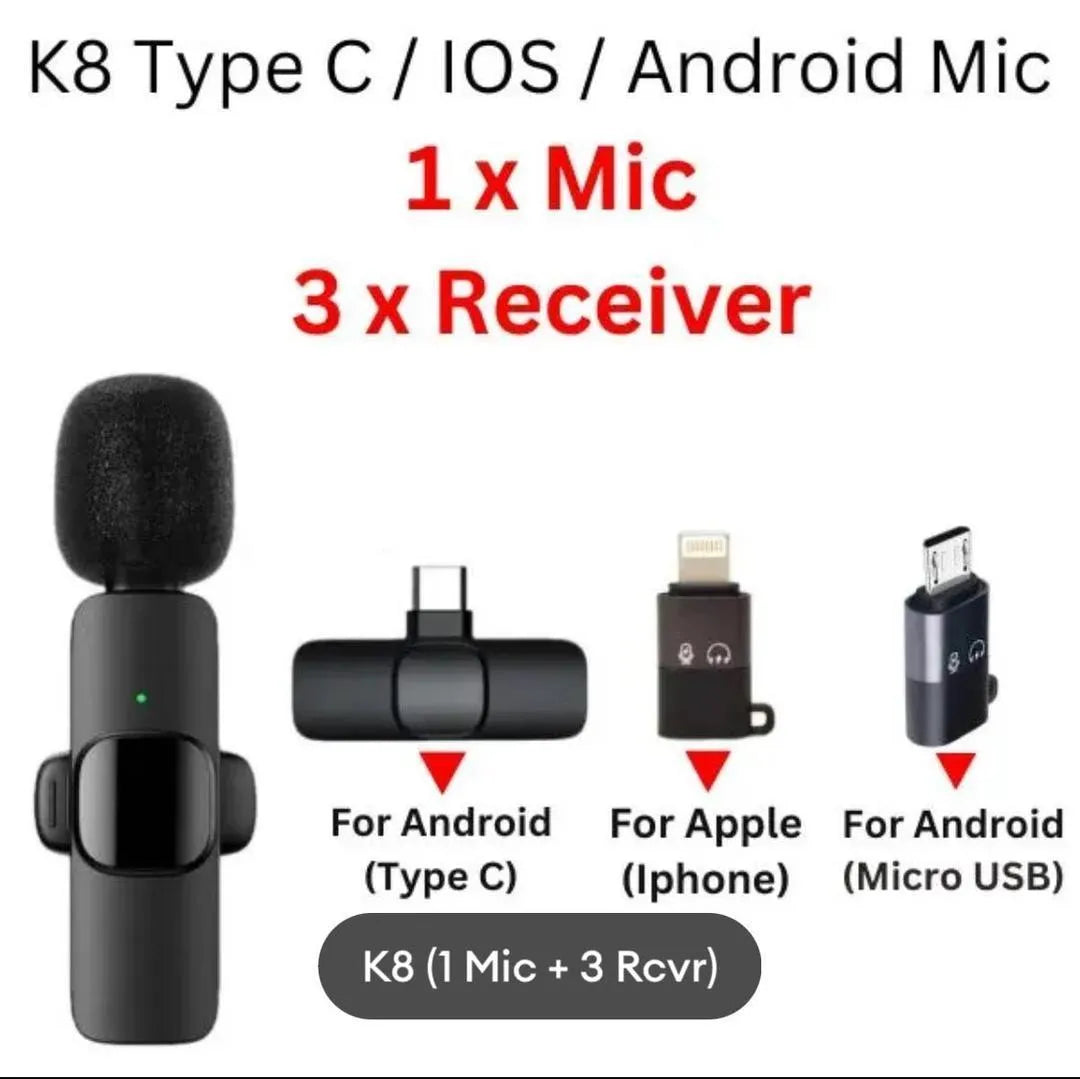K8 Pro Wireless Lavalier Microphone 3-in-1 Noise Reduction